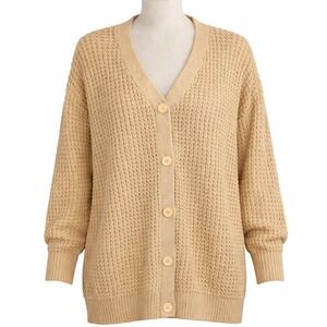 QUALFORT Beige Waffle Knit Chunky Button Cardigan Sweater M Preppy Cottagecore